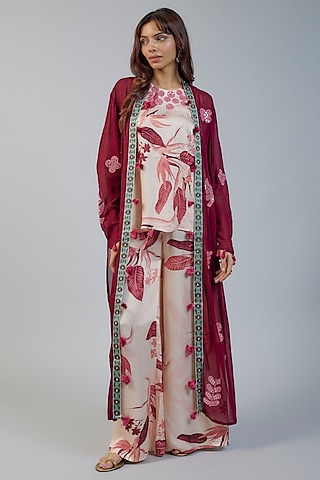 Wine Georgette Mirror Embroidered Cape Set by Vikram Phadnis