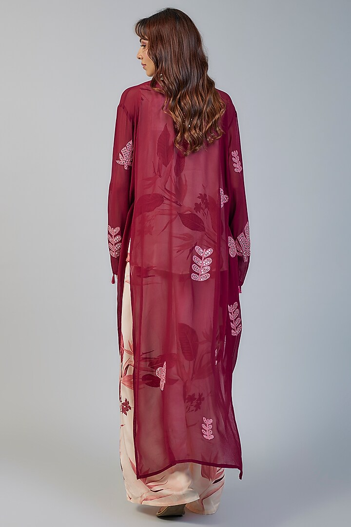 Wine Georgette Mirror Embroidered Cape Set by Vikram Phadnis at Pernia's Pop Up Shop