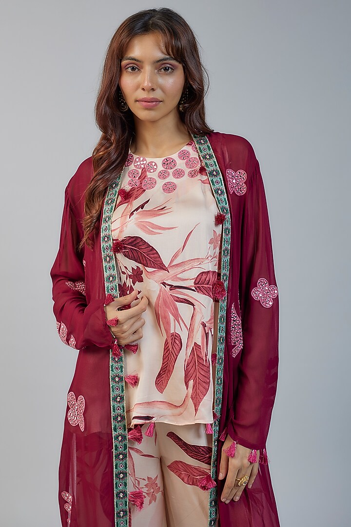 Wine Georgette Mirror Embroidered Cape Set by Vikram Phadnis at Pernia's Pop Up Shop