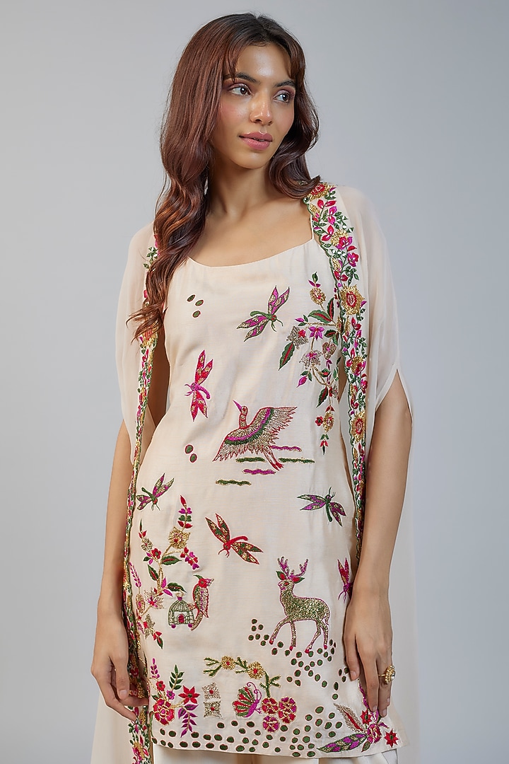 Ivory Silk Resham Embroidered Strappy Kurta Set by Vikram Phadnis at Pernia's Pop Up Shop