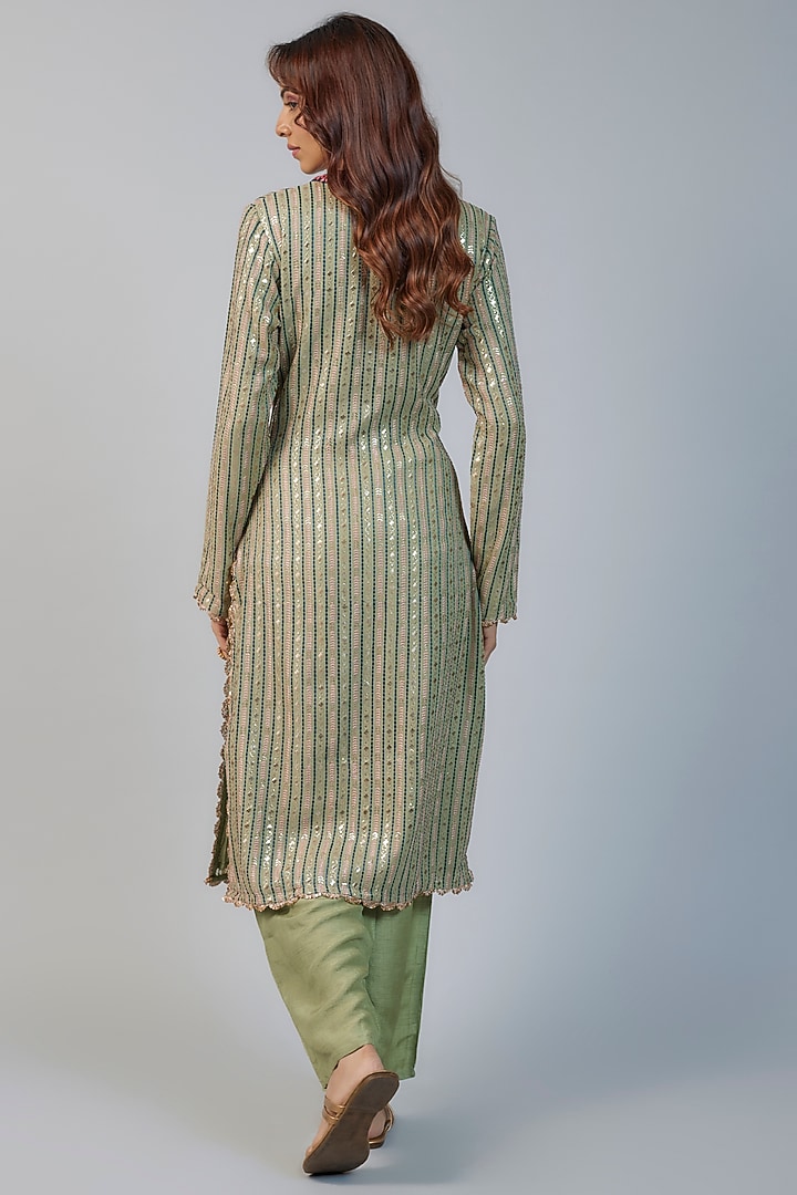 Sage Green Mirror Embroidered Kurta Set by Vikram Phadnis at Pernia's Pop Up Shop