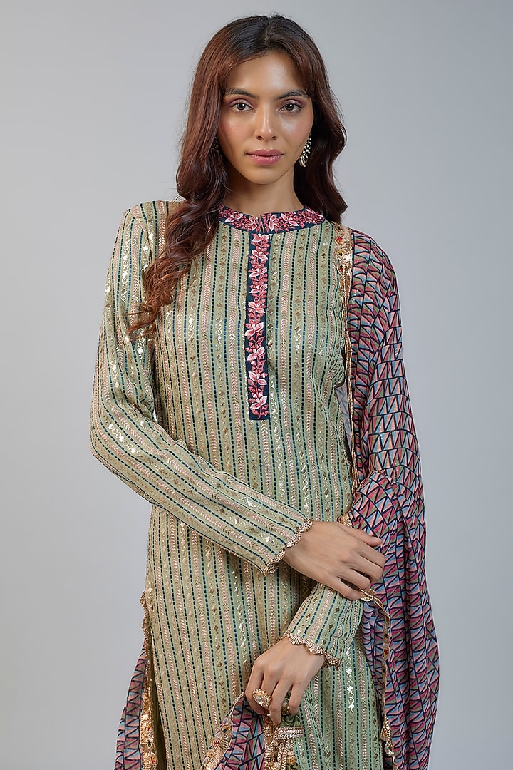 Sage Green Mirror Embroidered Kurta Set by Vikram Phadnis at Pernia's Pop Up Shop