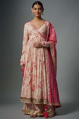 Pink Mul Printed & Embroidered Angrakha Kalidar Anarkali Set by Vikram Phadnis