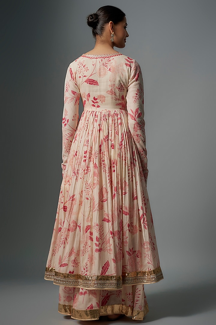 Pink Mul Printed & Embroidered Angrakha Kalidar Wedding Anarkali Set by Vikram Phadnis at Pernia's Pop Up Shop