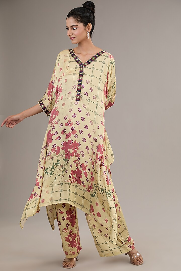 Ivory Modal Satin Printed Tunic Set by Vikram Phadnis