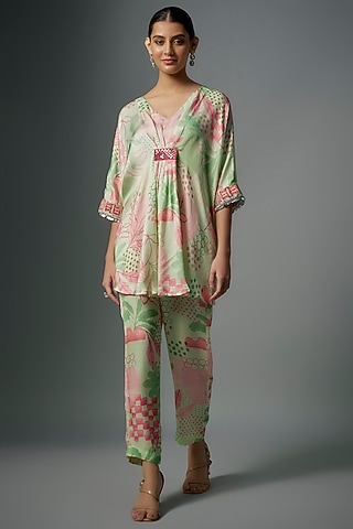 Multi-Colored Modal Satin Abstract Printed Co-Ord Set by Vikram Phadnis