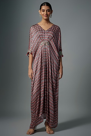 Multi-Colored Modal Satin Printed Kaftan Dress by Vikram Phadnis