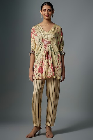 Ivory Modal Satin Printed Co-Ord Set by Vikram Phadnis