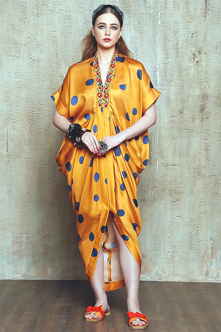 Rust Printed Cowl Dress by Vikram Phadnis