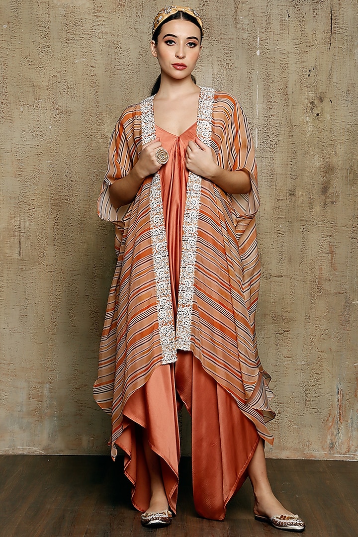 Rust Jumpsuit With Embroidered Cape by Vikram Phadnis