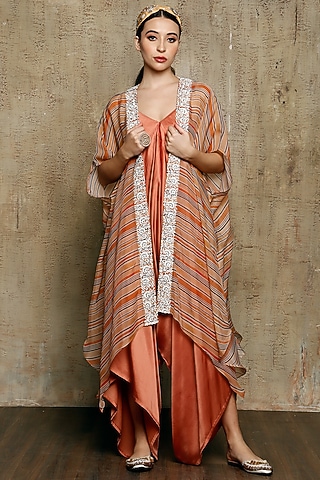 Rust Jumpsuit With Embroidered Cape by Vikram Phadnis