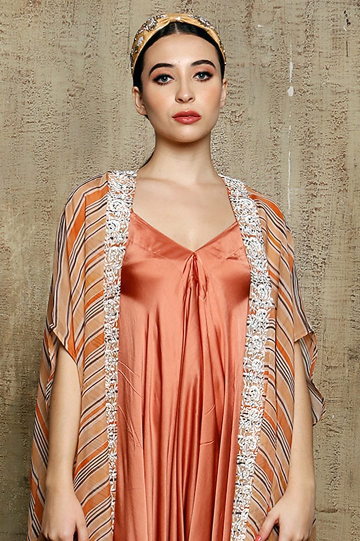 Rust Jumpsuit With Embroidered Cape by Vikram Phadnis at Pernia's Pop Up Shop