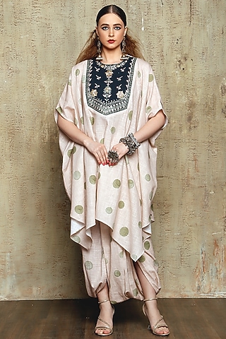 Olive Green Linen Slub Resham Embroidered Kaftan Set by Vikram Phadnis