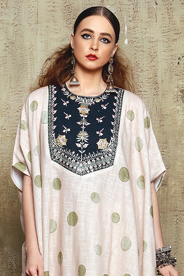 Olive Green Linen Slub Resham Embroidered Kaftan Set by Vikram Phadnis at Pernia's Pop Up Shop