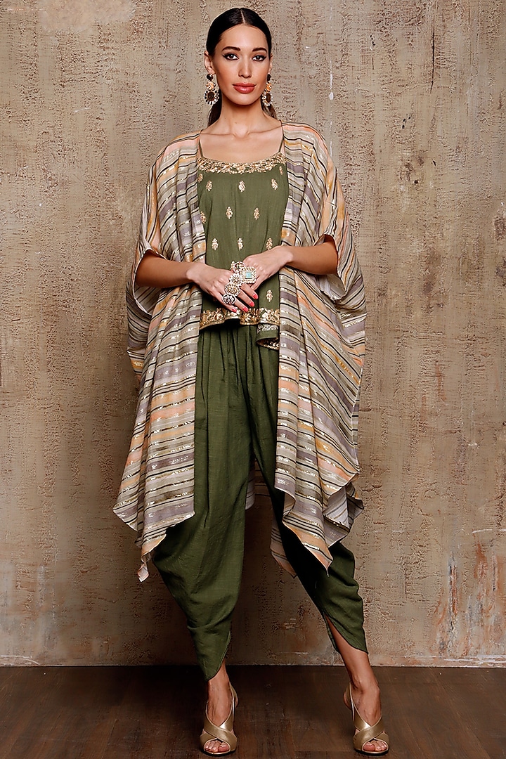 Olive Green Striped Cape Set by Vikram Phadnis