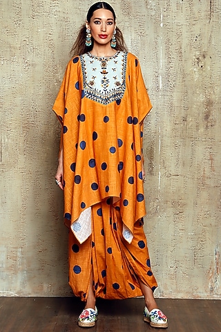 Rust Polka Dotted Dhoti Set by Vikram Phadnis