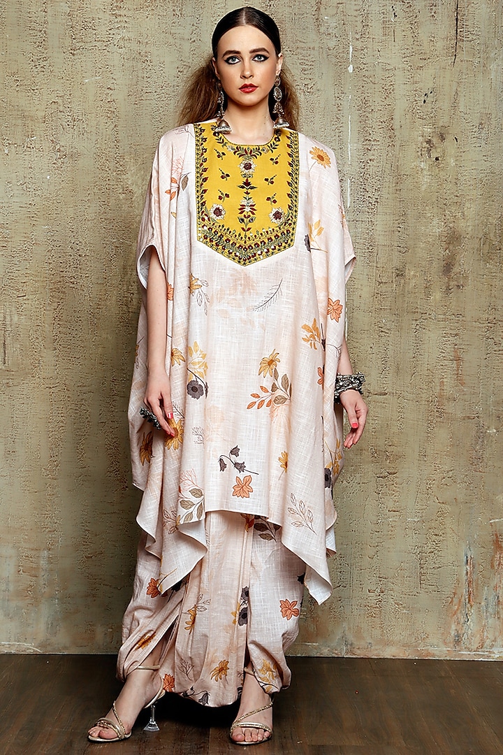 Peach Slub Linen Printed Dhoti Set by Vikram Phadnis at Pernia's Pop Up Shop