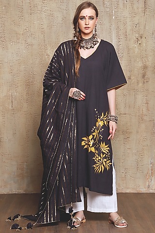 Dark Grey Embroidered Kurta Set by Vikram Phadnis