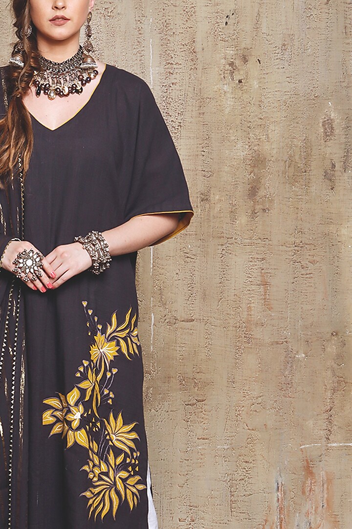 Dark Grey Embroidered Kurta Set by Vikram Phadnis at Pernia's Pop Up Shop
