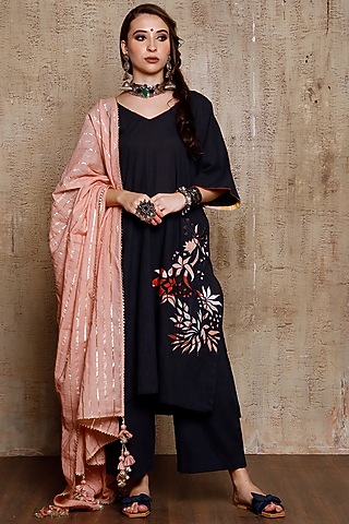 Dark Grey Applique Embroidered Kurta Set by Vikram Phadnis