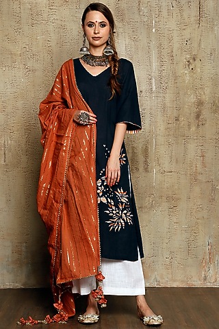 Dark Grey Linen Embroidered Kurta Set by Vikram Phadnis