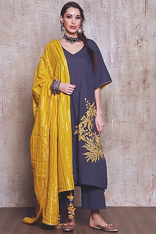 Blue Applique Embroidered Kurta Set by Vikram Phadnis