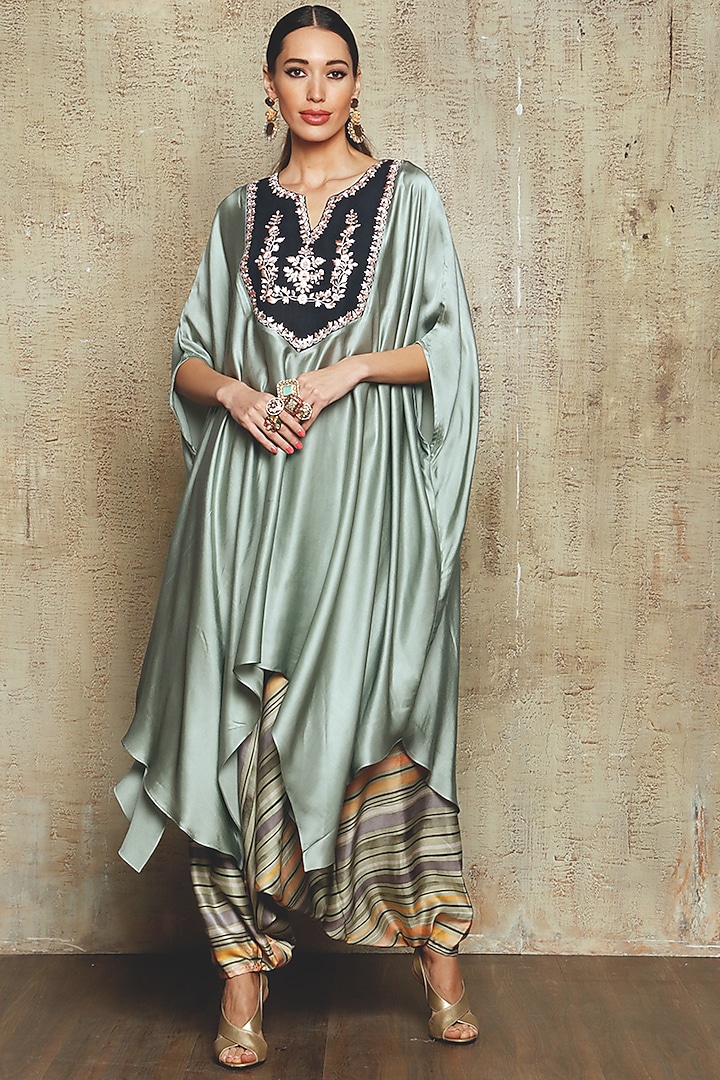 Sea Green Satin Embroidered Kurta Set by Vikram Phadnis at Pernia's Pop Up Shop