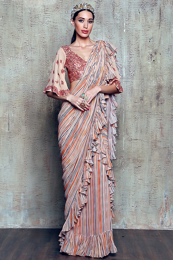 Multi-Colored Stripes Printed Saree Set by Vikram Phadnis