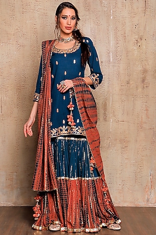 Navy Blue SLub Linen Sharara Set by Vikram Phadnis