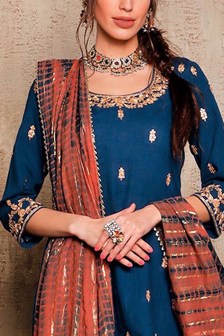 Navy Blue SLub Linen Wedding Sharara Set by Vikram Phadnis at Pernia's Pop Up Shop