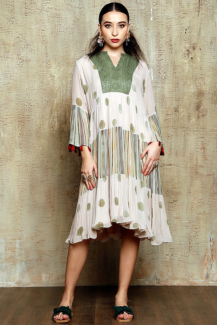 Peach & Olive Green Printed Vacation Dress by Vikram Phadnis at Pernia's Pop Up Shop