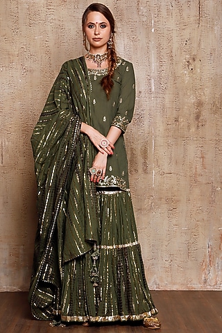 Green Slub Linen Sharara Set by Vikram Phadnis