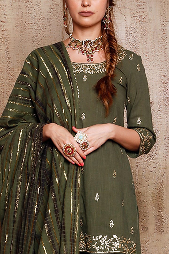 Green Slub Linen Wedding Sharara Set by Vikram Phadnis at Pernia's Pop Up Shop