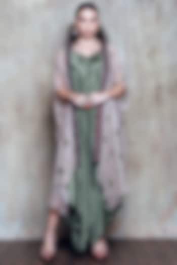 Olive Green Satin Jumpsuit With Printed Cape by Vikram Phadnis