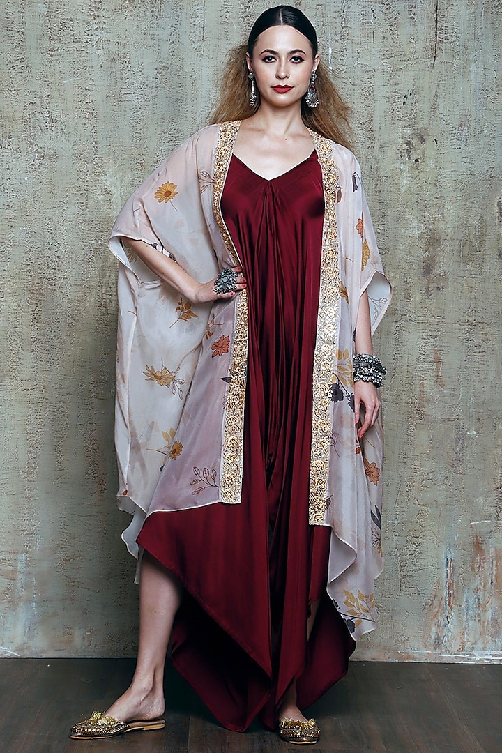 Wine Satin Jumpsuit With Printed Cape by Vikram Phadnis