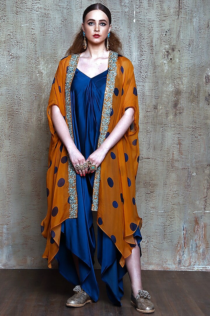 Blue Satin Jumpsuit With Printed Cape by Vikram Phadnis