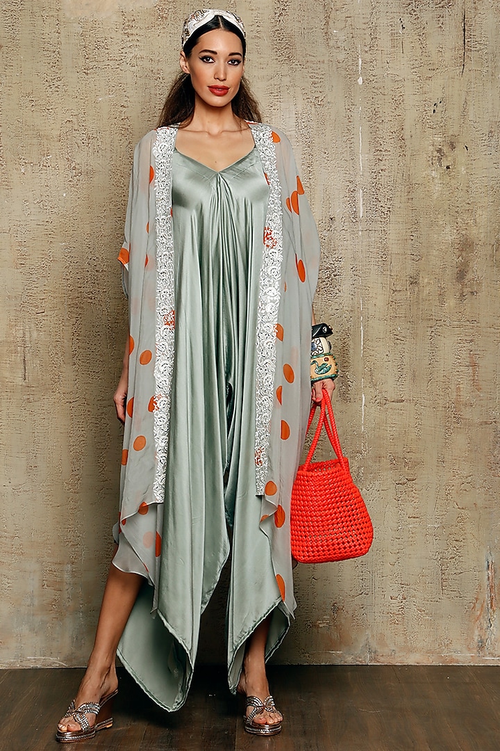 Sea Green Satin Jumpsuit With Printed Cape by Vikram Phadnis