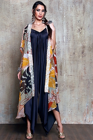Dark Grey Satin Jumpsuit With Embroidered Cape by Vikram Phadnis