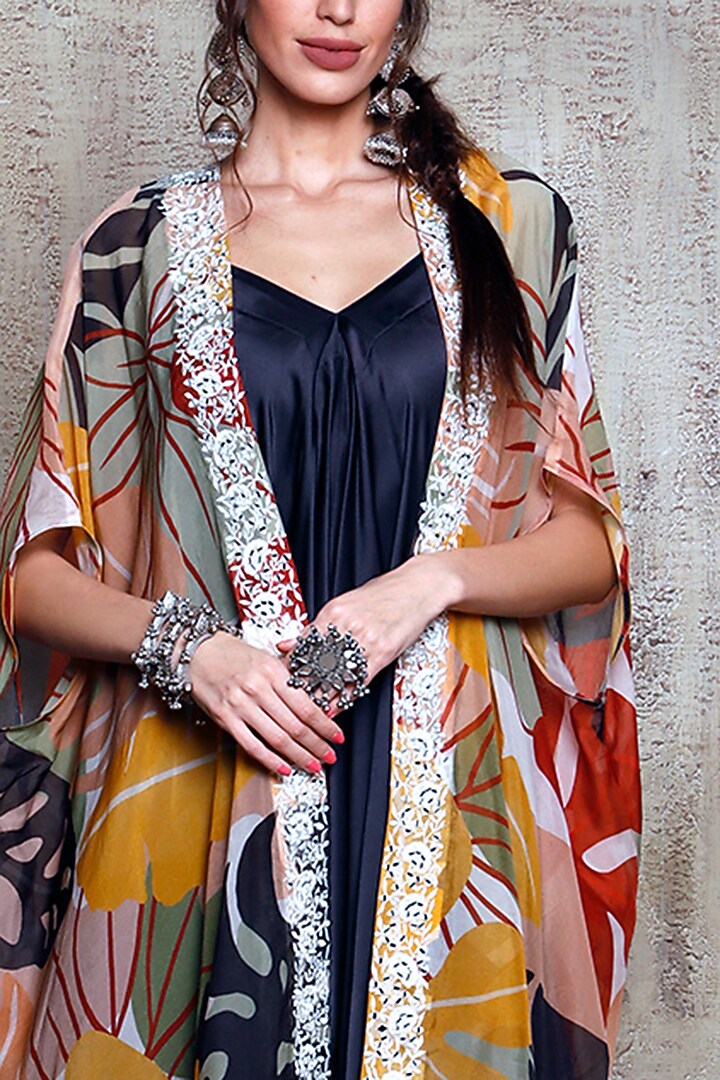 Dark Grey Satin Jumpsuit With Embroidered Cape by Vikram Phadnis at Pernia's Pop Up Shop