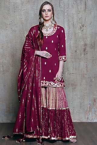 Wine Slub Linen Layered Sharara Set by Vikram Phadnis