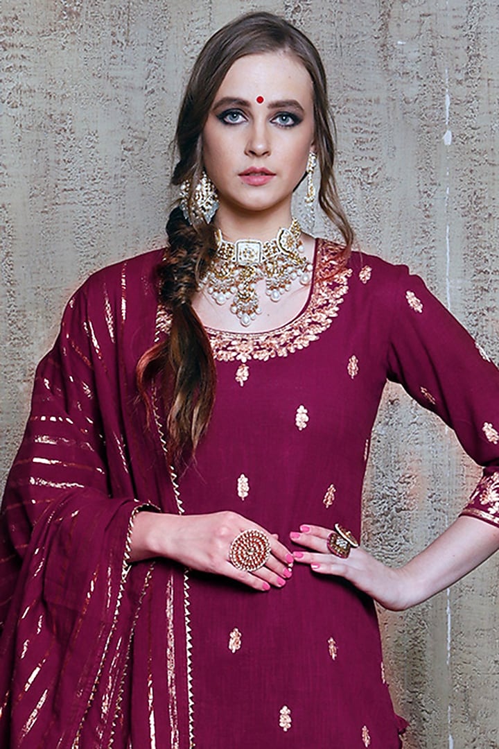 Wine Slub Linen Layered Wedding Sharara Set by Vikram Phadnis at Pernia's Pop Up Shop