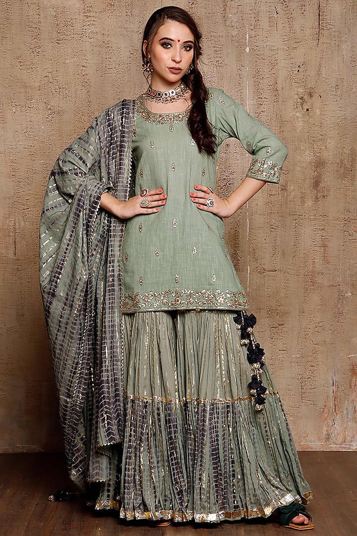 Mint Green Slub Linen Layered Sharara Set by Vikram Phadnis