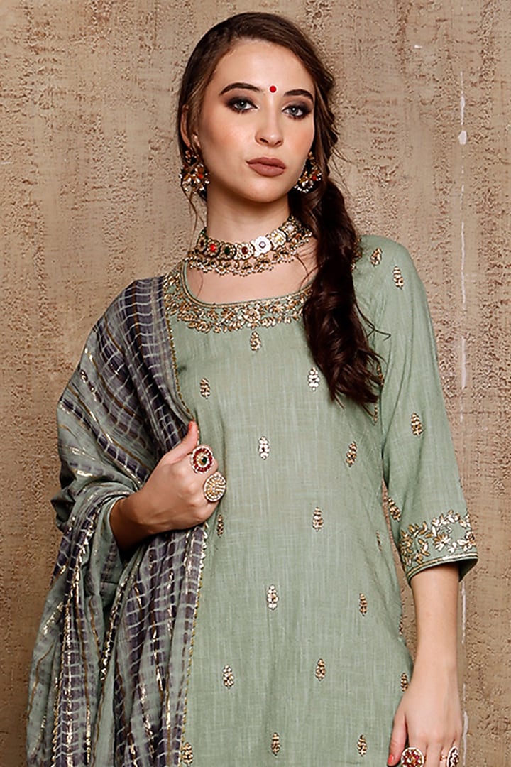 Mint Green Slub Linen Layered Wedding Sharara Set by Vikram Phadnis at Pernia's Pop Up Shop