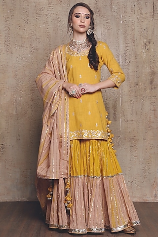 Mustard Slub Linen Layered Sharara Set by Vikram Phadnis