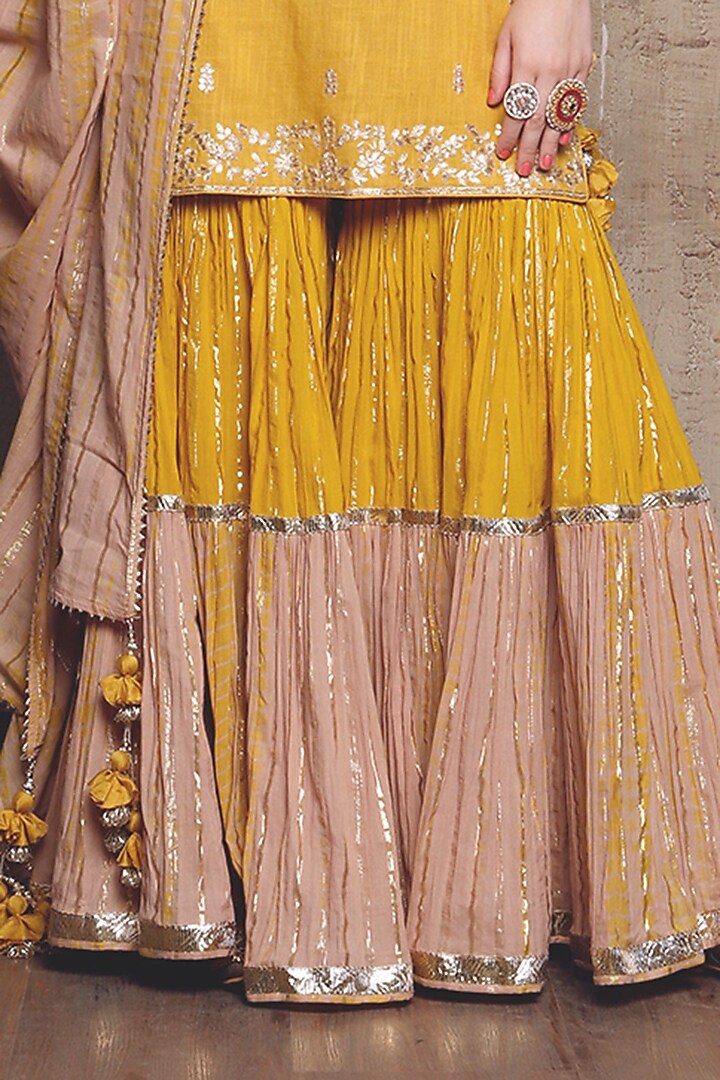 Mustard Slub Linen Layered Wedding Sharara Set by Vikram Phadnis at Pernia's Pop Up Shop