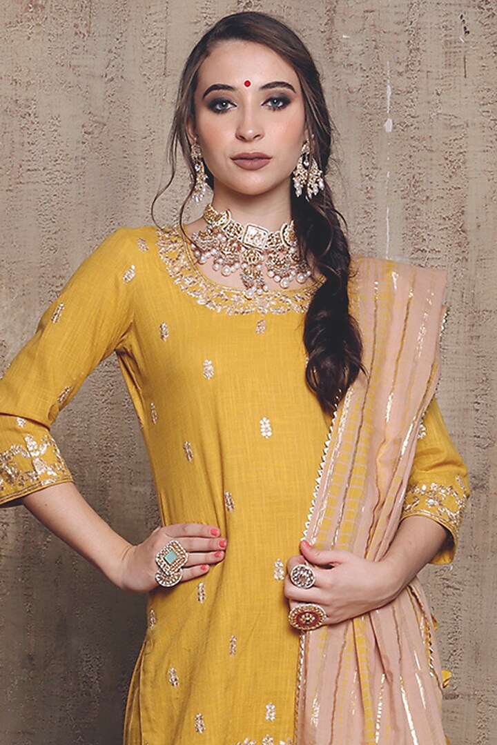 Mustard Slub Linen Layered Wedding Sharara Set by Vikram Phadnis at Pernia's Pop Up Shop