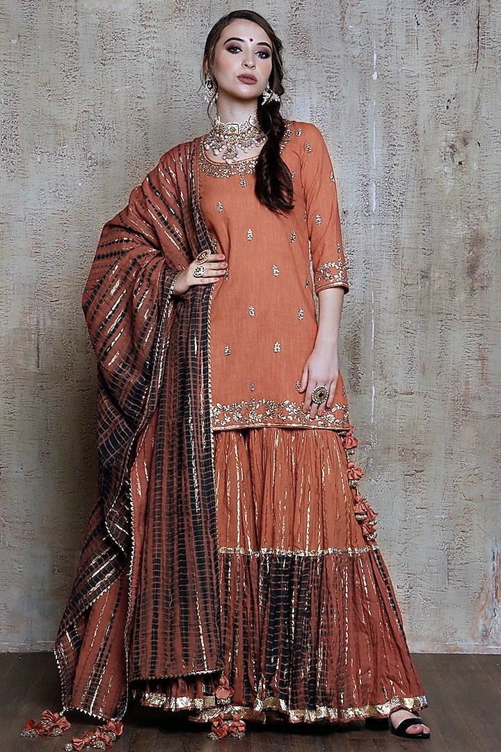 Rust Slub Linen Layered Sharara Set by Vikram Phadnis