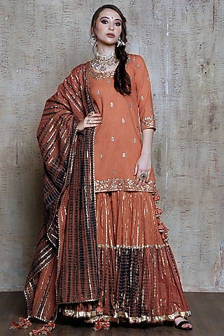 Rust Slub Linen Layered Sharara Set by Vikram Phadnis