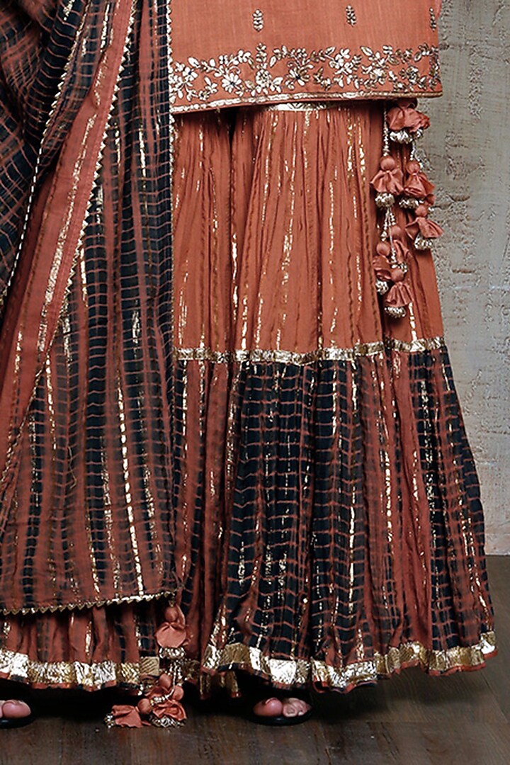 Rust Slub Linen Layered Wedding Sharara Set by Vikram Phadnis at Pernia's Pop Up Shop