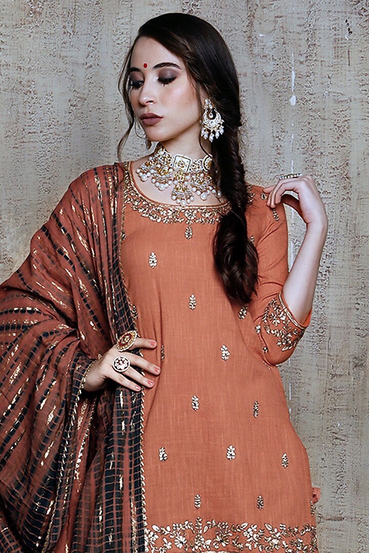 Rust Slub Linen Layered Wedding Sharara Set by Vikram Phadnis at Pernia's Pop Up Shop